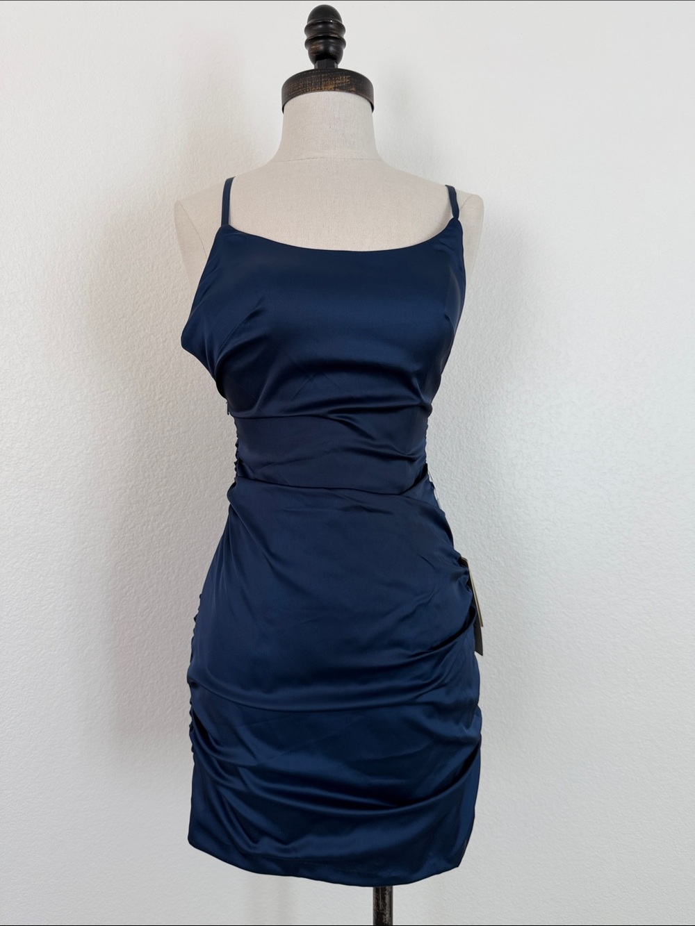 NWT STACEES Ruched Body Con Dress Satin Navy Blue Size 2